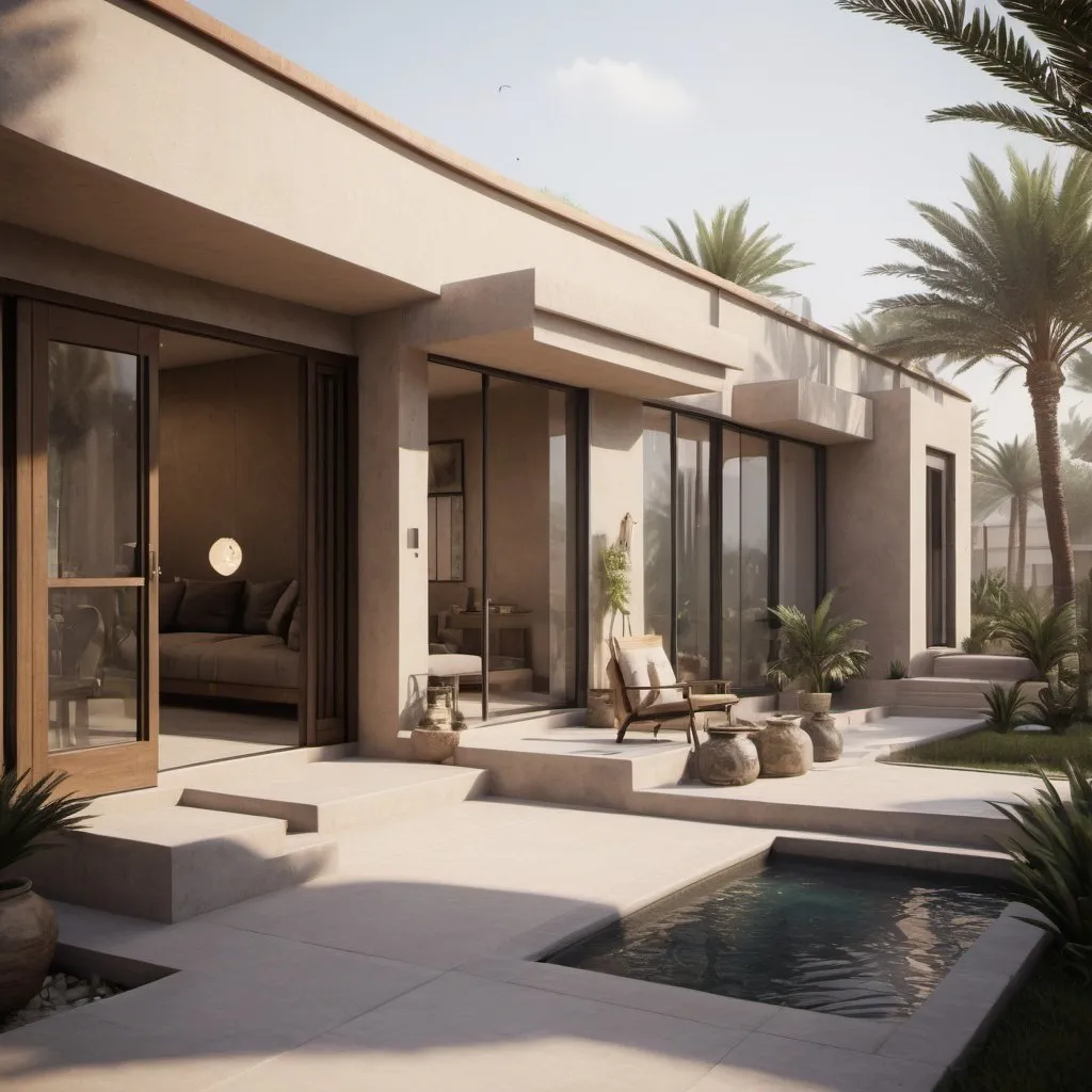 Prompt: Modernised dubai inspired  one-story congolese Pygmy home, interior, volumetric natural light, ultra realistic, vray, far view, perspective landscape