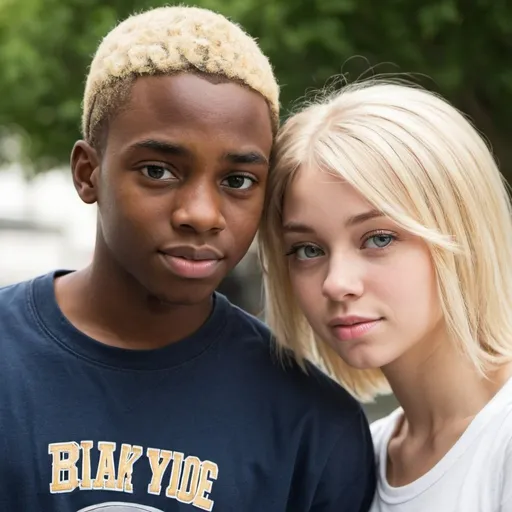 Prompt: A black boy next to blonde girlfriend 