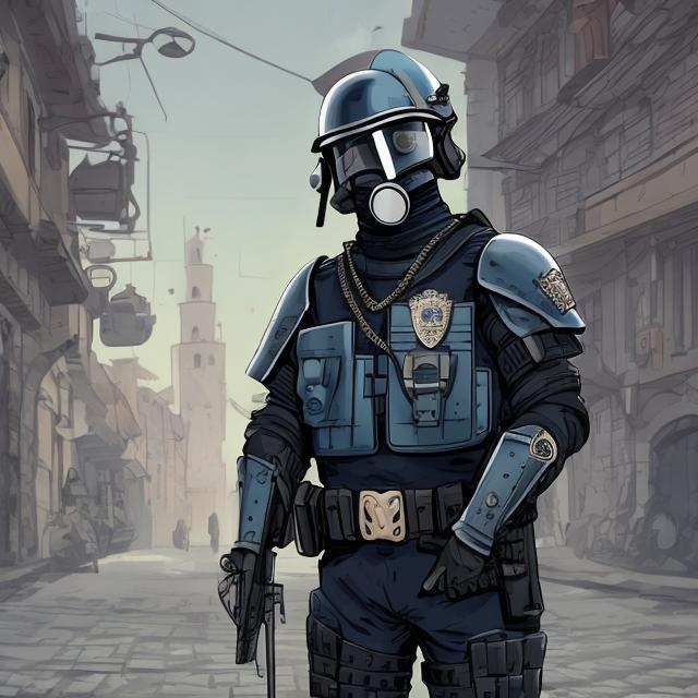Prompt: police officer with armor with black and navy blue details, with a gas mask, a beautiful city behind, with a medieval tone and pastel palettes 