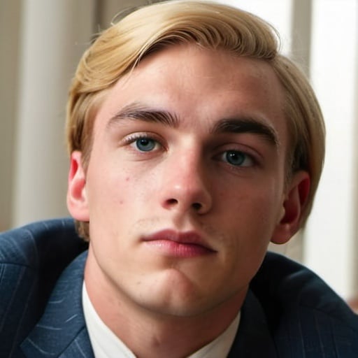 Prompt: handsome young man, Caucasian age 21, blonde hair, blue-gray business suit, white heels, intricate face, perfect hands, high detail, sitting on a sofa in a  modern office, Mad Men style, vintage, fill light