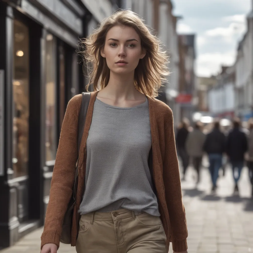 Prompt: Tall young woman walking down the high street, detailed clothing, realistic, natural lighting