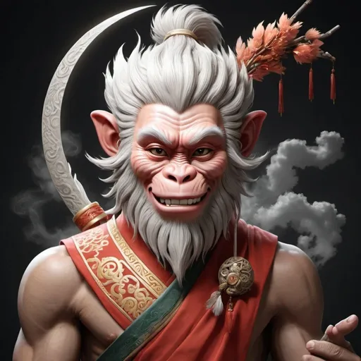 Prompt: This picture will be a tattoo in black and white. 
Sun Wukong a Chinese monkey god.
Features of a silk ape but big as a human.
Dressed in Chinese traditional clothing.
He has a smirk in his smile but is aware of everything. In one hand he hold his staff, it’s magical and as long as he is.
In the other hand he holds a peach fruit. He has two long sprouts of magical feathers sticking out from his forehead. The staff that he holds is covered with runes of magical meaning. And he is surrounded by a magical cloud that partially covers him.