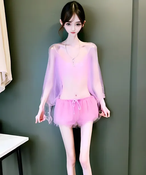 Prompt: (extremely skinny:11), (tulle transparent pink shawls and tulle loose shorts:11), photorealistic 