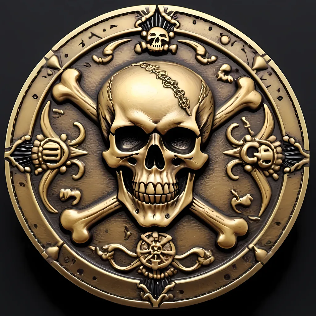 Prompt: Top view of a coin, bas relief, pirate skull poker chip, antique gold finish, intricate details, high quality, realistic, dramatic lighting, pirate theme