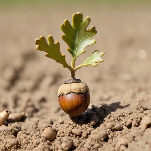 Prompt: a single oak acorn that has sprouted and from which an oak tree grows in the middle of a dusty field