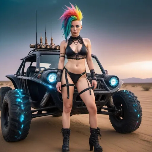 Prompt: An athletic extra flexible electric-rainbow-haired girl, hair like super sayan, with "huge bossom", extra large cleavage, and a "wet transparent black bioluminescent crochet swimsuit laces" and a shotgun, high heels, small waist, outside in mad max desert at night, riding a buggy with apparent bossom and udder, close up, oil stains on the body, dynamic scene, cinematic