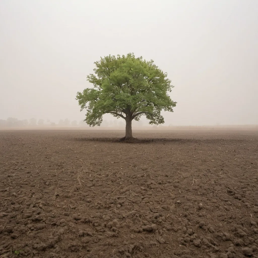 Prompt: a single baby oak tree growing in the middle of a dusty field