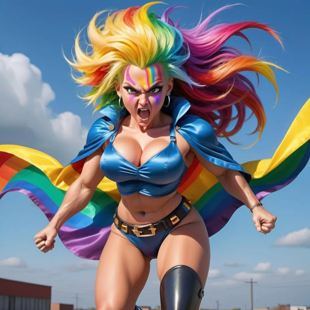 Prompt: photorealistic picture of a Fiercly runing  muscular electric-rainbow-haired girl, hair like super sayan, with "huge bossom", extra large cleavage, with visible bossom and udder, with a cape floating in the wind, shotgun in hand, high heels, small waist