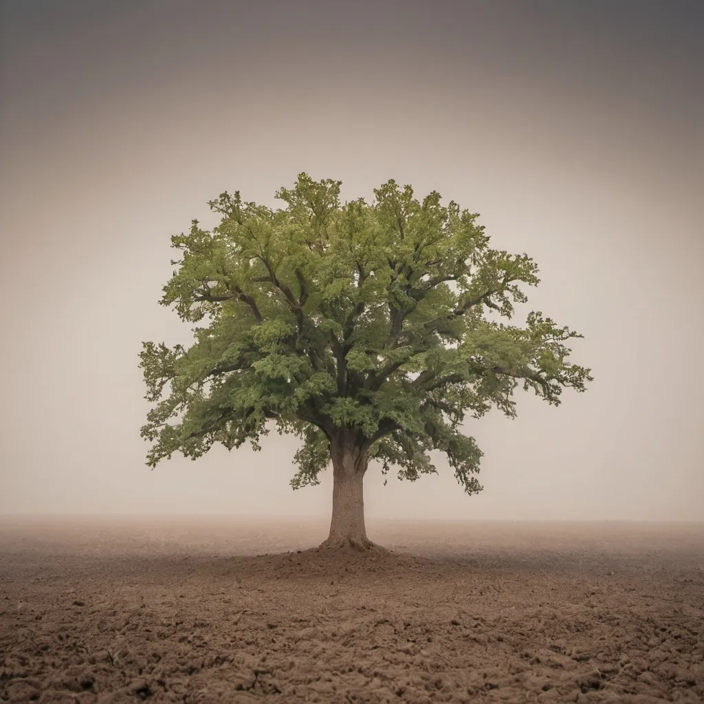 a single baby oak tree growing in the middle of a du...