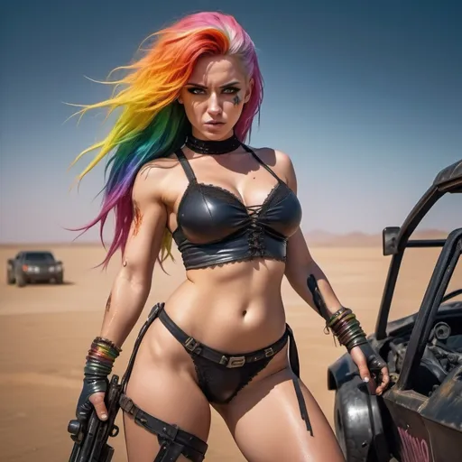 Prompt: Close up of An muscular electric-rainbow-haired girl, hair like super sayan, with "huge bossom", extra large cleavage, with apparent bossom and udder, and a "wet transparent black crochet swimsuit laces" and a shotgun, high heels, small waist, with a cape floating in the wind, outside in mad max desert at night, riding an armed buggy like a war machine, oil stains on the body, dynamic scene, cinematic