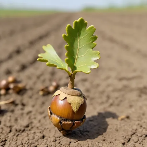 Prompt: a single oak acorn that has sprouted and from which an oak tree grows in the middle of a dusty field