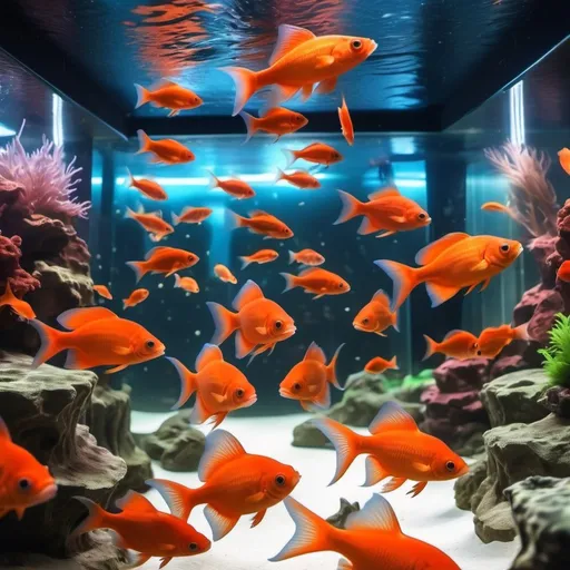 Prompt: Des poissons rouge dans un immense aquarium d'animalerie