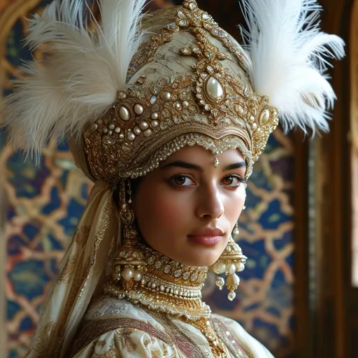 Prompt:  realistic photo 16th century Islamic Mughal court dancer wearing a fez hat made of pearls gemstone and one white feather 