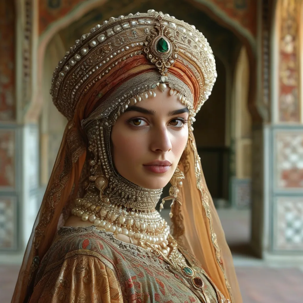 Prompt:  realistic photo 16th century Islamic Mughal court dancer wearing a fez hat made of pearls gemstone