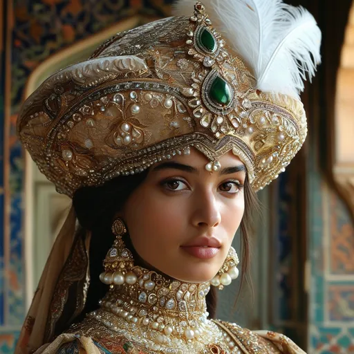 Prompt:  realistic photo 16th century Islamic Mughal court dancer wearing a fez hat made of pearls gemstone and one white feather 