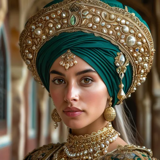 Prompt:  realistic photo 16th century Islamic Mughal court dancer wearing a fez hat made of pearls gemstone