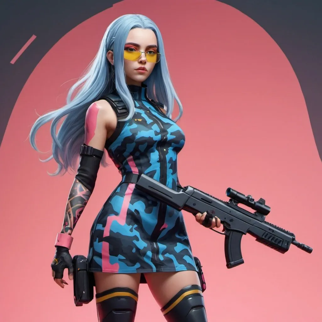 Prompt: New valorant agent,She has long blue hair, a cut sweet face, yellow lines under her eyes, and an interdimensional weapon,Red long black pastel patterned camouflage dress with pink boots