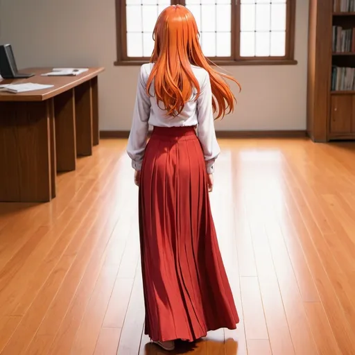 Prompt: The back of a long-straight orange haired anime girl with loose hair. The anime girl is wearing a buttoned shirt and a red pleated floor-length maxi long skirt that is extremely long. The anime girl is standing on a wooden floor. The long pleated skirt is red in color.