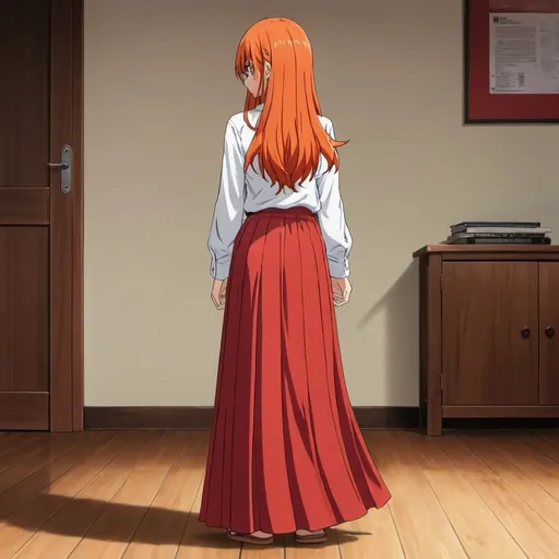 Prompt: The back of a long-straight orange haired anime girl with loose hair. The anime girl is wearing a buttoned shirt and a red pleated floor-length maxi long skirt that is extremely long. The anime girl is standing on a wooden floor. The long pleated skirt is red in color.