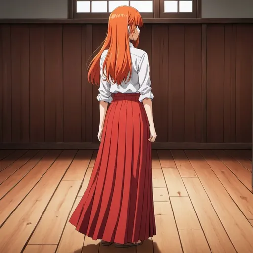 Prompt: The back of a long-straight orange haired anime girl with loose hair. The anime girl is wearing a buttoned shirt and a red pleated floor-length maxi long skirt that is extremely long. The anime girl is standing on a wooden floor. The long pleated skirt is red in color.