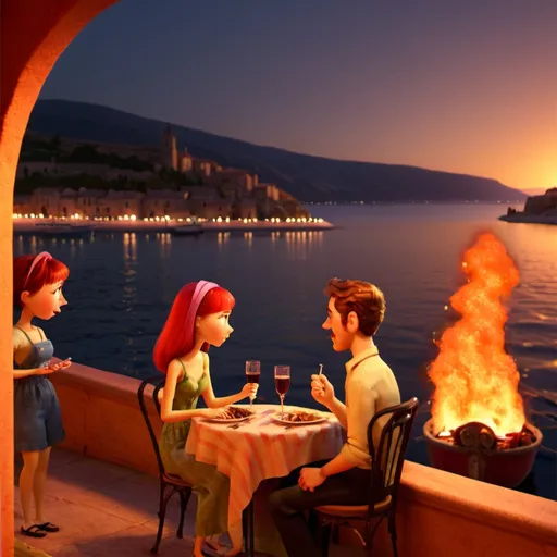 Prompt: young couple on a date in Spain with a burning boat in the background