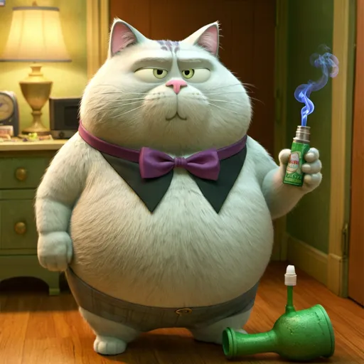 Prompt: Fat cat smoking a bong and dressed like a pimp in ohio