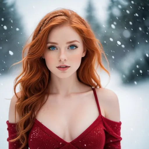 Prompt: young red haired, blue eyed girl, she has a delicate body, hourglass figure, delicate chest, she is really cute ,her fire red hair flows beautifully, she wears. Red crop top, she has gone out into the snow, she realises it's freezing when she falls over into the snow