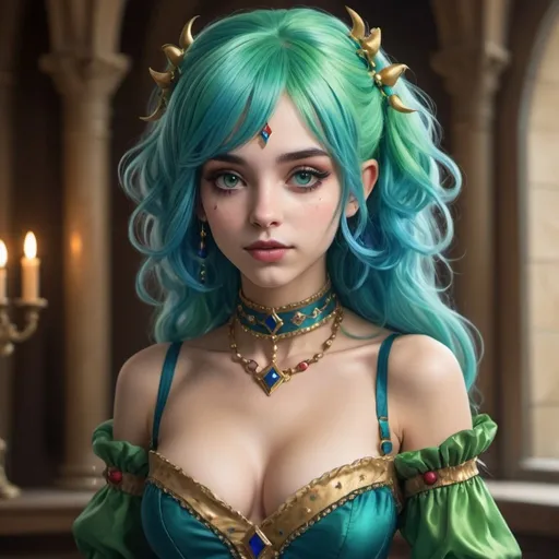 Prompt: young green and blue haired girl, she has a delicate body, hourglass figure, delicate chest, she is really cute, she is a jester, she performs for the king in the royal chamber, her skills are unmatched, she is human