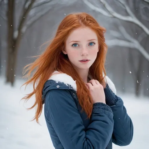 Prompt: young red haired, blue eyed girl, she is around 16 years old, she has a delicate body, hourglass figure, delicate chest, she is really cute ,her fire red hair flows beautifully, she is unclothed, totally unclothed, her body is bare, she has gone out into the snow, she realises it's freezing when she falls over into the snow