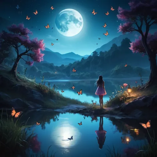 Prompt: Fantasy landscape, night time, moon, butterflies, fantasy girl, lake, reflection, vibrant environment 
