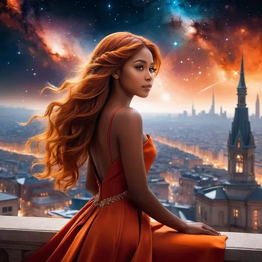 Prompt: The servant girl is a brown skinned beauty, her long orange hair, falls to her behind, her hazel eyes make her stunning, she is really young and has a delicate chest.  sitting on the ledge looking out at the nebula over the city, highly detailed city and nebula sky, she is wearing a beautiful red dress
