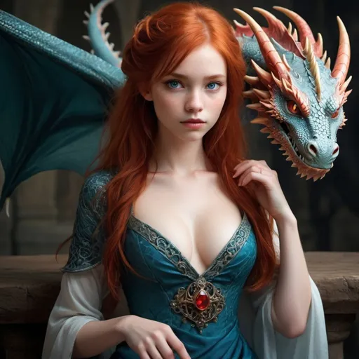 Prompt: young red haired, blue eyed girl, she has a delicate body, hourglass figure, delicate chest, she is really cute, but her looks are deceptive as she is the dragons daughter, the blood of the royal family but also the dragon, shecappears human, in a beautiful old style dress, but she is a dragon underneath, her fire red hair and her dragon claw which she hides, are the signs of the dragon