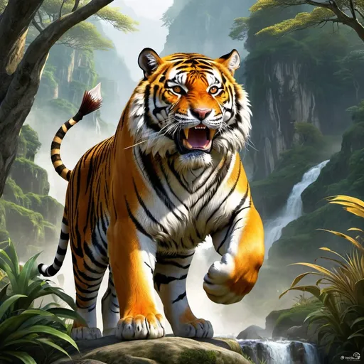 Prompt: In Shan-gri-la there is. Mystical tiger, it roams the land, but it’s hunted by man kind. It’s scared and white, the hunter is a massive musclely man, he hunts the tiger with a bow and arrow, his cloak is ripped from the tiger attacks, and his clothes have tiger claw marks on them