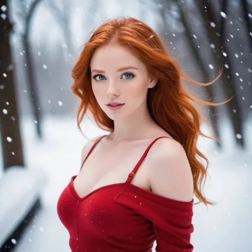 Prompt: young red haired, blue eyed girl, she has a delicate body, hourglass figure, delicate chest, she is really cute ,her fire red hair flows beautifully, she wears. Red crop top, she has gone out into the snow, she realises it's freezing when she falls over into the snow