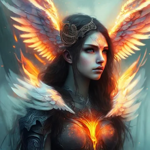 Prompt: beautiful woman warrior with white wings, smooth soft skin, beautiful intricate hair, symmetrical, big eyes, detailed face, magical, ethereal lighting, high quality, vivid colors, fantasy art , ruins, fog, smoke, fire, touching fire, holding flames, fantasy, realistic, colorful