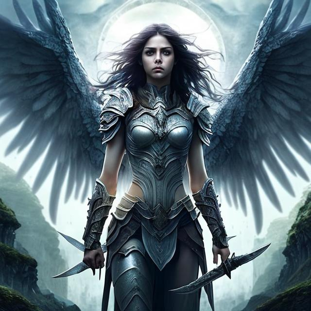 Prompt: Beautiful soft, confident, woman warrior with white wings from the center of back, walking straight at the viewer, fierce expression,  smooth, soft skin, beautiful, wavy, intricate dark hair, symmetrical, big eyes, detailed face, magical, dark metallic armor, ethereal lighting, high quality, vivid colors, fantasy blue sky, fog, smoke, fantasy, realistic, colorful. complementary colors





 

