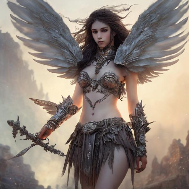 Prompt: beautiful woman warrior with white wings, wearing chest armor, and skirt down to the ground blowing with the breeze, shiny metallic straps up the calves, smooth soft skin, beautiful intricate hair, symmetrical, big eyes, detailed face, magical, ethereal lighting, high quality, vivid colors, fantasy art , ruins, fog, smoke, fire, touching fire, holding flames, fantasy, realistic, colorful