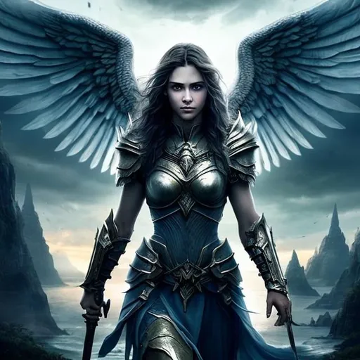 Prompt: Beautiful soft, confident, woman warrior with white wings from the center of back, walking straight at the viewer, fierce expression,  smooth, soft skin, beautiful, wavy, intricate dark hair, symmetrical, big eyes, detailed face, magical, dark metallic armor, ethereal lighting, high quality, vivid colors, fantasy blue sky, fog, smoke, fantasy, realistic, colorful. complementary colors





 

