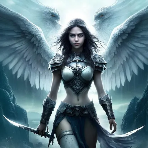Prompt: Beautiful soft, confident, woman warrior with white wings from the center of back, walking straight at the viewer, fierce expression,  smooth, soft skin, beautiful intricate dark hair, symmetrical, big eyes, detailed face, magical, ethereal lighting, high quality, vivid colors, fantasy blue sky, fog, smoke, fantasy, realistic, colorful. complementary colors





 

