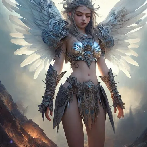 Prompt: beautiful woman warrior with white wings, wearing chest armor, and skirt down to the ground blowing with the breeze, shiny metallic straps up the calves, smooth soft skin, beautiful intricate hair, symmetrical, big eyes, detailed face, magical, ethereal lighting, high quality, vivid colors, fantasy art , ruins, fog, smoke, fire, touching fire, holding flames, fantasy, realistic, colorful