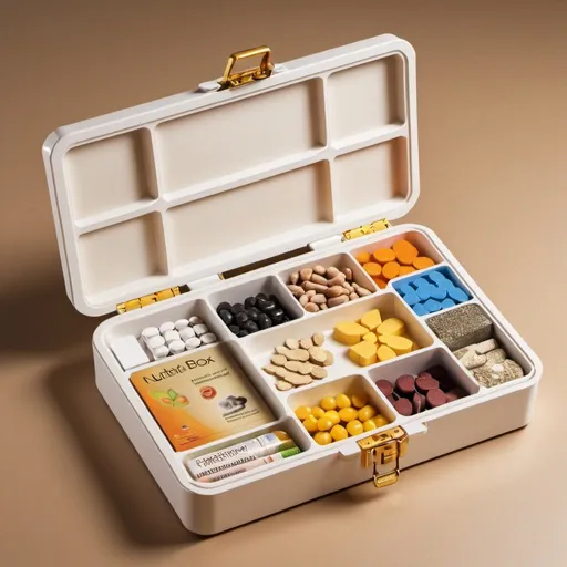 Prompt: The nutritional treasure box has multiple compartments, and each compartment can contain a nutritional supplement, such as vitamins, minerals, proteins, etc. This nutritional treasure box also has an outlet through which different types of nutritional supplements can come out together when needed, making it convenient for users to replenish the nutrients their body needs at any time.