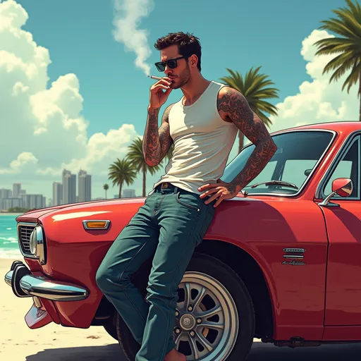 Prompt: full body shot, Jake Gyllenhaal, smoking a cigarette / leg tattoos, sunny day, leaning against a sports car, in the style of Grand Theft Auto, loading screens, GTA style artwork, highly detailed, celshading, digital painting style, dramatic composition, 21st century comic book cover, studio lighting, centre of Miami in background --ar 3:2