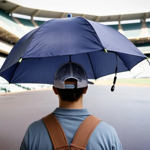 Prompt: A small umbrella strapped to a baseball cap