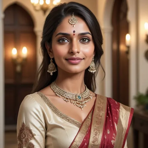 Prompt: realism, beautiful female host, detailed facial features, elegant attire, luxurious setting, natural lighting, high quality, realistic, elegant, detailed, natural lighting, luxurious setting indian host
