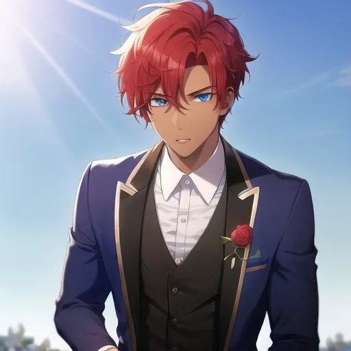 Prompt: Boy, male, coloured skin, pretty boy, short hair, red hair, sommalier, grapes, baby blue eyes, black suit, perfect composition, clear, 8k quality, amazing resolution, open eyes