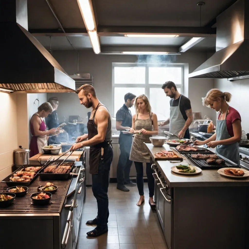 Prompt: alternative looking people grilling on the grill and a busy kitchen. 
