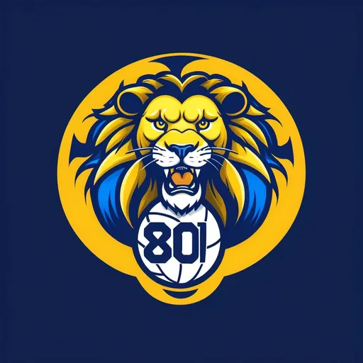 Prompt: make a logo for sport club team named '' 801 '' . There should be blue and yellow colors,a lion and a volleyball ball.