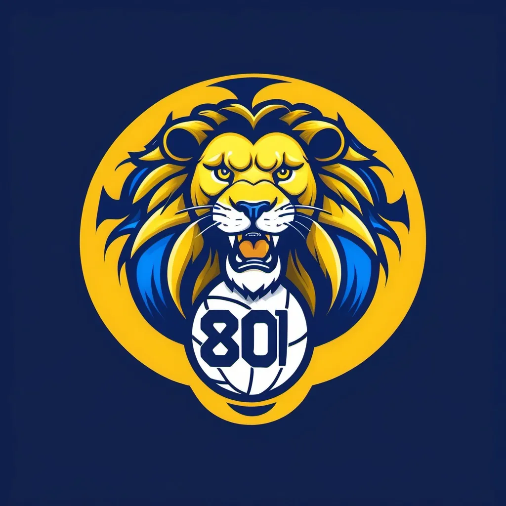 Prompt: make a logo for sport club team named '' 801 '' . There should be blue and yellow colors,a lion and a volleyball ball.