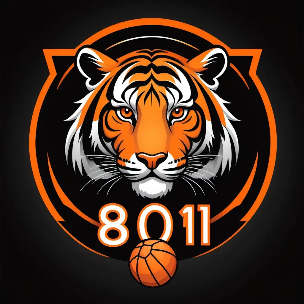 Prompt: make a logo for a sport club named 801.In this logo use orange,black,red and yellow colors.There should be a tiger and so many balls of football,basketball and volleyball.