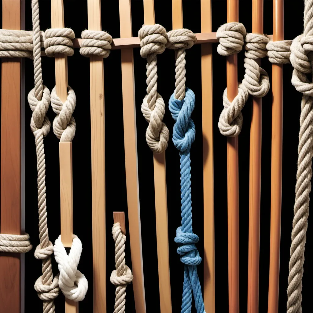 Prompt: An image showing various types of scout lashings side by side, including Square Lashing, Diagonal Lashing, Shear Lashing, Tripod Lashing, Round Lashing, Floor Lashing, Continuous Lashing, and Figure Eight Lashing. Each lashing is demonstrated with ropes binding wooden poles at different angles and formations. The background is neutral, emphasizing the lashings themselves with clear labels under each type for easy identification. The poles are wooden, and the ropes are natural-colored to match the traditional scouting style.